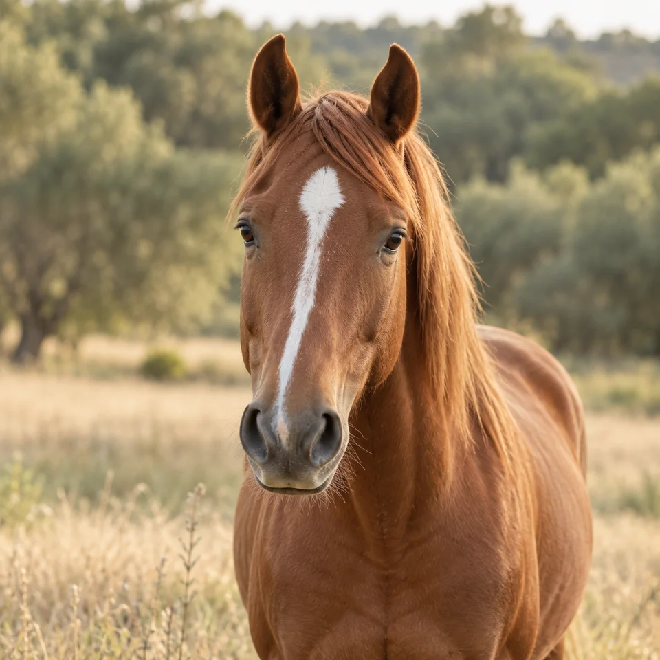 A chestnut horse with a white blaze in a softly sunlit field