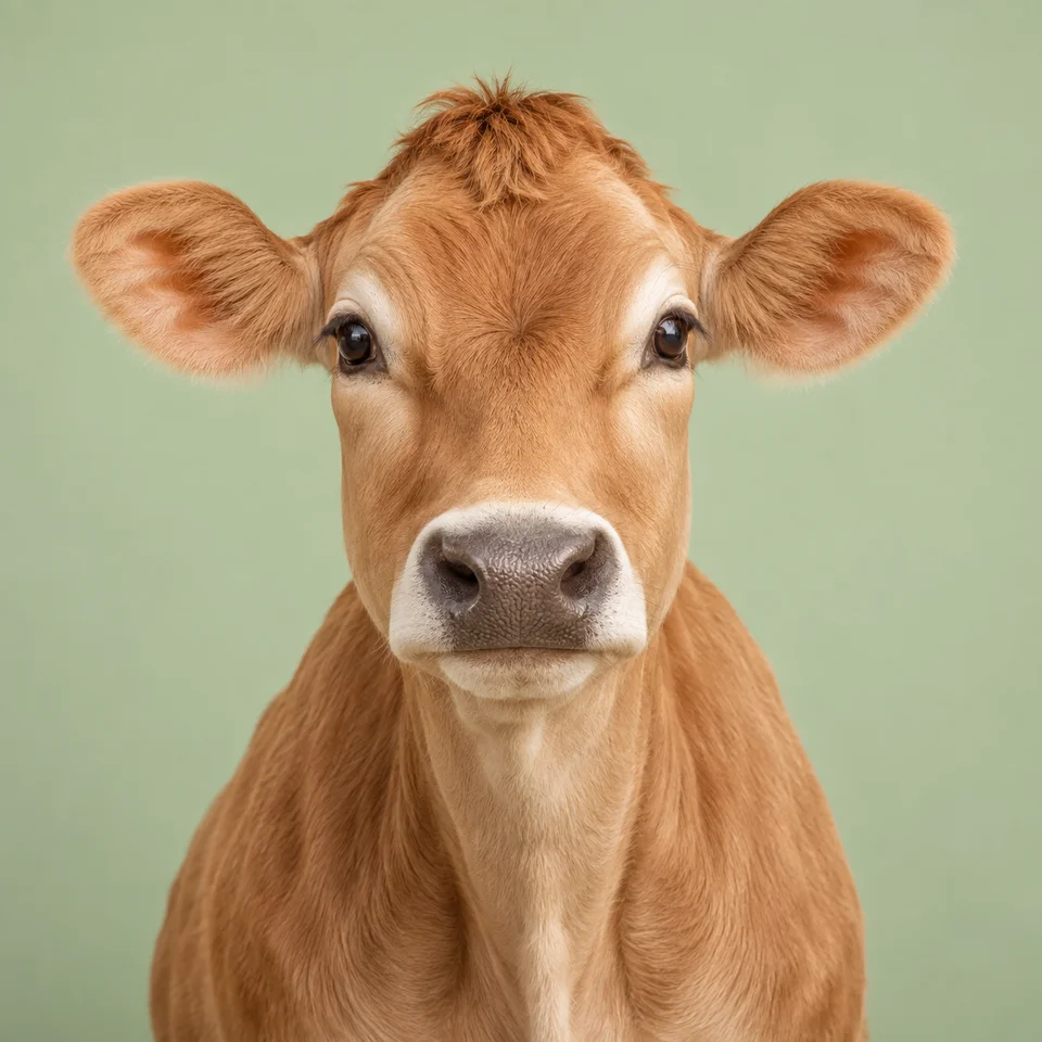 A gentle Jersey cow with warm fawn fur looking at the camera