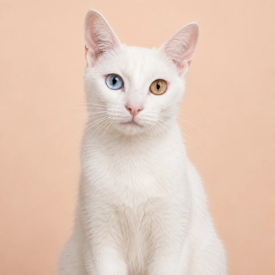 A white Khao Manee cat with one blue eye and one amber eye